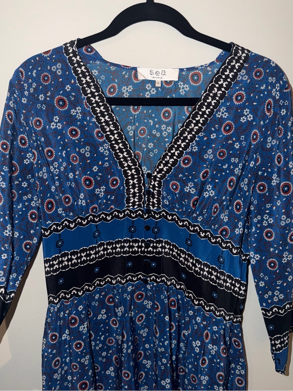 Sea New York Blue Floral Boho V-Neck Dress